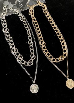 Женская двойная цепочка цепь ожерелье колье с кулоном монетка2 фото