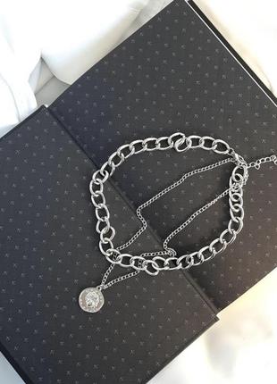 Женская двойная цепочка цепь ожерелье колье с кулоном монетка4 фото