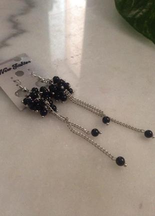 Сережки підвіски" грона чорних агатів"(натуральні) на ланцюжку, метал під срібло,90мм.3 фото