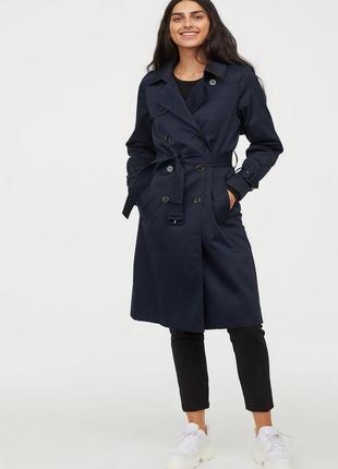 Синий тренч h&m плащ темно-синий базовый на пояску пояс