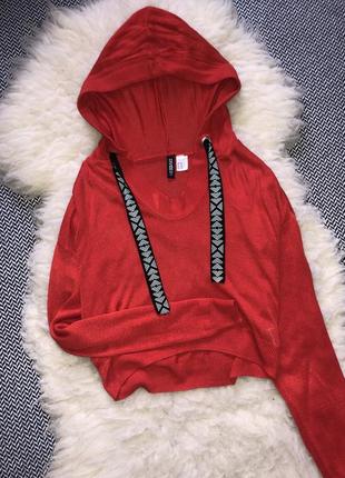 Свитшот вязаный худи красный алый яркий капюшон укорочен кофта свитер5 фото