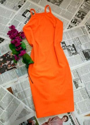 Женское платье майка мини на бретелях оранжевое.рубчик