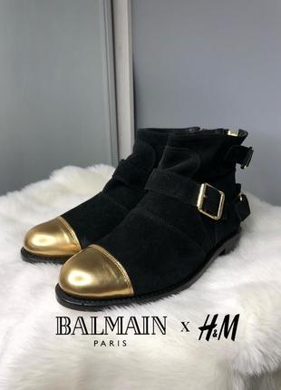 Balmain x h&m коллаборация дизайнерские оригинальные ботинки кожаные замша золото пряжки