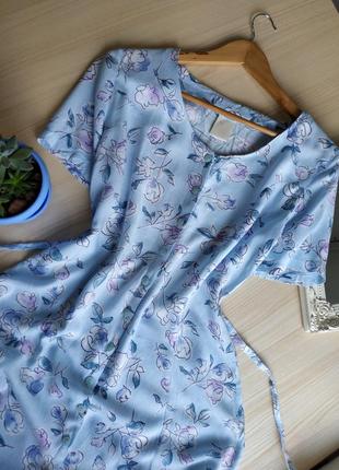 Платье на пуговицах длинное винтажное ретро голубое макси в пол миди с цветами m l вискоза