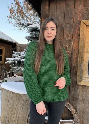 Жіночий в'язаний светр оверсайз об'ємний простий ручної роботи💚1 фото