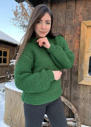 Жіночий в'язаний светр оверсайз об'ємний простий ручної роботи💚2 фото