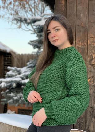 Жіночий в'язаний светр оверсайз об'ємний простий ручної роботи💚4 фото