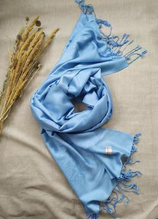 Голубой широкий шарф палантин тонкая шерсть шелк  с узором1 фото
