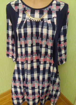 Туника клетка с карманами большемерит 54-62 размеры