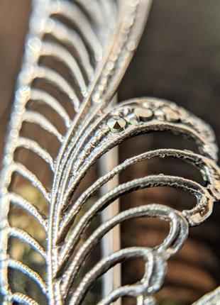 Винтажная серебряная брошь с марказитами ветка листок германия4 фото