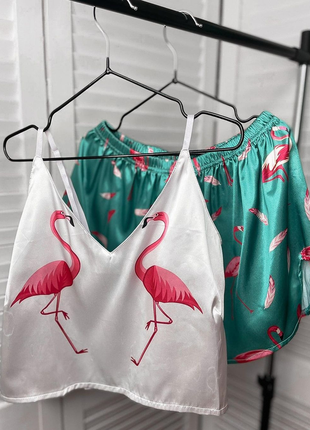Sale⬇️ легкие шелковые пижамы принт фламинго3 фото