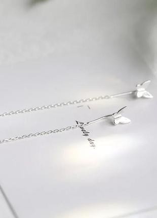 Сережки протяжки метелики срібло 925 покриття сережки ланцюжка з метеликами4 фото
