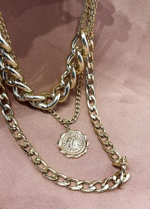 Три крупные массивные цепи колье ожерелье с монеткой серебристое золотистое новое7 фото