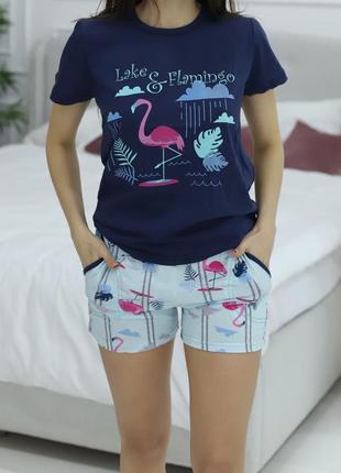 Хлопковая пижама женская фламинго футболка с шортами. жіночі піжами бавовна