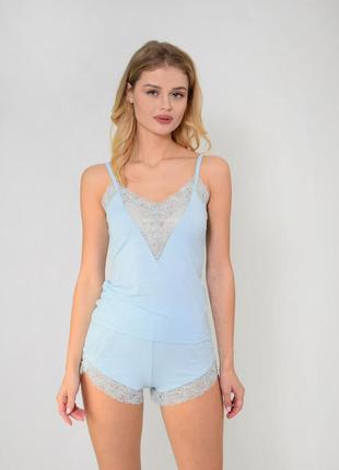 Пижамный комплект майка и шорты с кружевом + халат, пижама