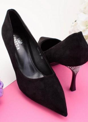 Стильні чорні замшеві туфлі човники на шпильці класичні з камінням2 фото