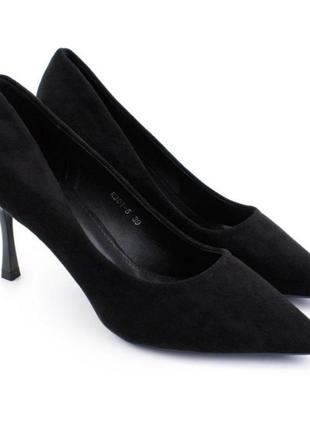 Стильні чорні замшеві туфлі човники на шпильці класичні з камінням3 фото