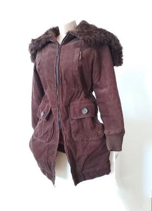 Пальто вельветове курточка довга довге коричневе тепле хутро куртка демисезон2 фото