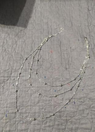 Тройная цепочка с шариками серебристое трехслойное колье ожерелье чокер5 фото