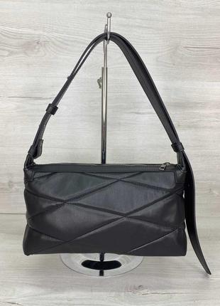 Женская сумка багет на короткой ручке 2в1 черная стеганая2 фото