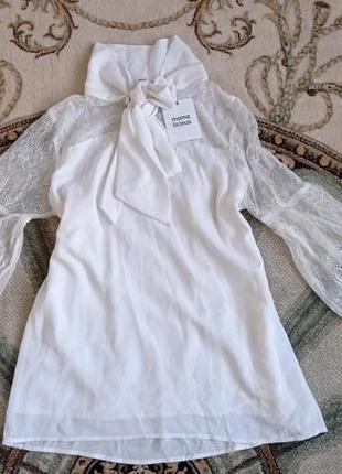 Торжественная блузка белая рубашка с кружевными рукавами для беременных