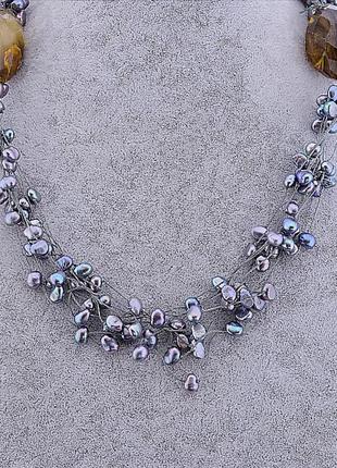 Колье из натуральных камней , жемчуг , халцедон , бусы , ожерелье 70см1 фото