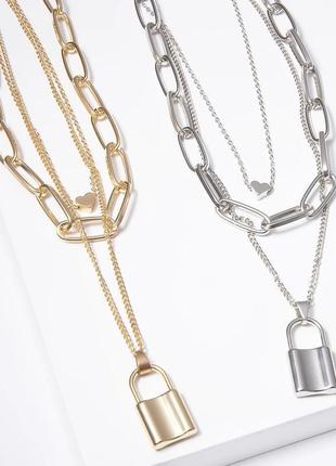 Три ланцюжки  кольє намисто чокер замок срібло золото