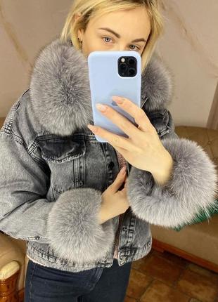 Жіноча джинсовка з песцем, джинсова куртка з хутром, s-2xl