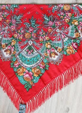 Українська національна хустка, национальный платок с бахромой, красный, в расцветках1 фото