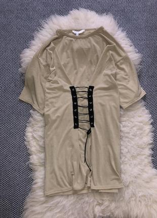 Футболка-платье шнуровка бежевое мини завязки корсет