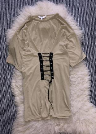 Футболка-платье шнуровка бежевое мини завязки корсет4 фото