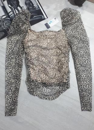 Блуза сетка с квадратным вырезом. леопардовый принт. блуза с рукавами воланами4 фото