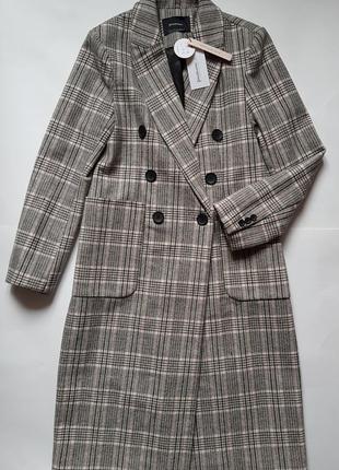 Нове c биркою пальто,трендові довге вовняне пальто в клітинку stradivarius6 фото