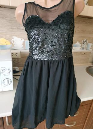 Стильное платье в пайетках р.xs/s, чёрное короткое дискотечное платье1 фото