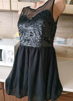 Стильное платье в пайетках р.xs/s, чёрное короткое дискотечное платье5 фото