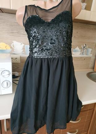 Стильное платье в пайетках р.xs/s, чёрное короткое дискотечное платье8 фото