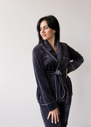 Неймовірний бархатний комплект шаль, велюрова піжама штани+жакет, +великий розмір8 фото