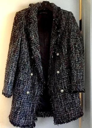 Легендарный твидовый меланжевый пиджак блейзер жемчуг от zara в стиле chanel7 фото