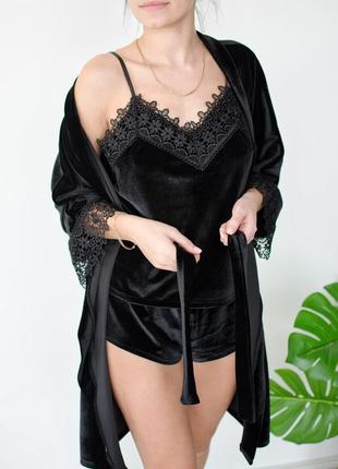 Комплект 061 christel оксамитовий чорний халат майка штани шорти3 фото