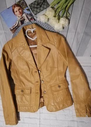 Горчичная куртка кожаная пиджак жакет натуральная кожа1 фото