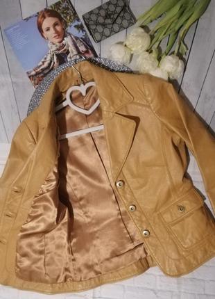 Горчичная куртка кожаная пиджак жакет натуральная кожа4 фото