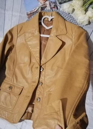 Горчичная куртка кожаная пиджак жакет натуральная кожа7 фото