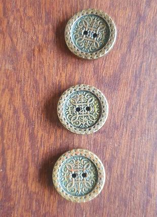 Старинные латунные пуговицы, 3 штук, диаметр 25 мм