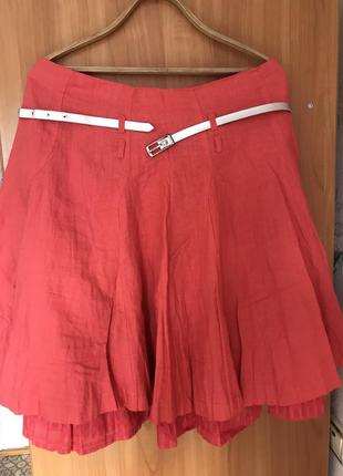 Красная юбка, юбка миди, юбка мини, летняя юбка, юбка из льна красно- кораллового цвета