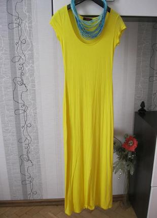 Желто-горячее натуральное платье-футболка-майка макси в пол для стройняшки с-м2 фото