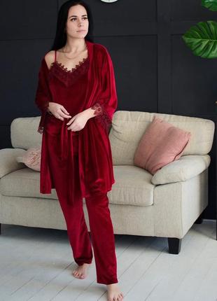 Невероятный бархатистый комплект 4в1, 3в1, пижама халат+брюки+футболка+шорты