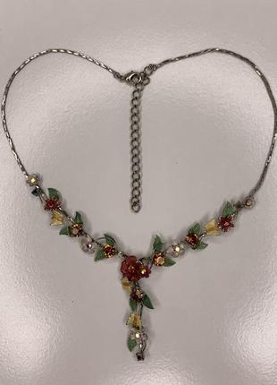 Ожерелье цветочное сваровски колье кулон бусы с камнями цветами листьями эльфийское