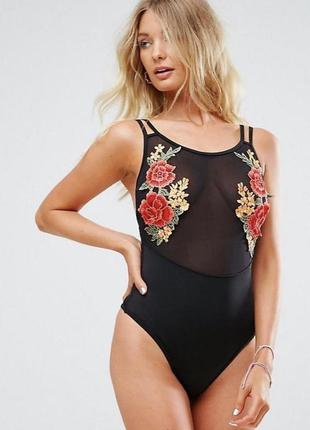 Слитный женский купальник черный сексуальный с аппликацией wolf whistle