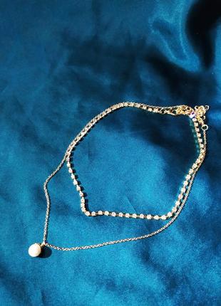 Чокер колье подвеска жемчужина двойное ожерелье кристаллы с подвеской9 фото