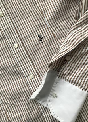 Красивая полуприталенная рубашка в полоску коричневый белый хлопок детали